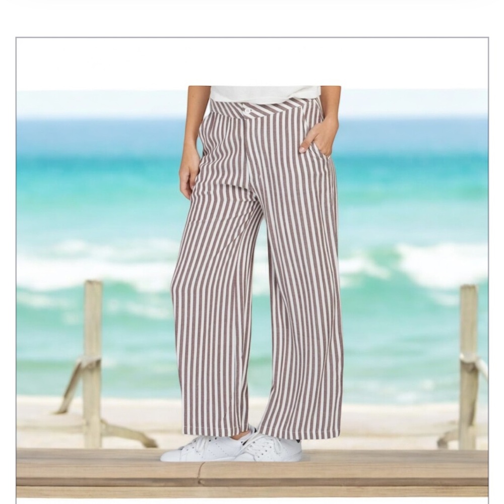 RVCA Manna Striped High Rise Pant-Linen Poplin Blend -Sz S -26 -Brown&White-EUC